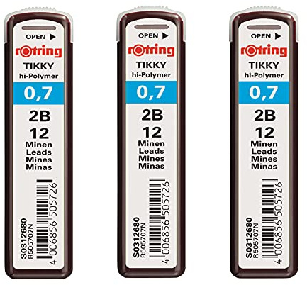 Rotring Tikky 0.7mm 2B Hi-Polymer Strong Dark Pencil Lead Refills for Mechanical Pencils - 36 Leads in Total - Pack of 3 Tubes
