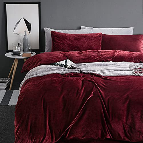 Michorinee Housse de Couette Flanelle 220 x 240 cm Vin Rouge - Parure de Lit en Velours Chaud Ultra Doux avec Fermeture Éclair, Linge de Lit 2 Personnes Hiver avec 2 Taies d'oreiller 65x65 cm