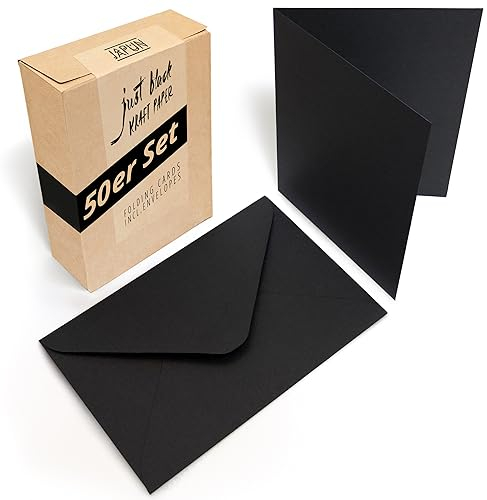Japun - 50er Set blanko Falt-Karten inkl. Briefumschläge, Klapp-Karten zum gestalten, beschriften oder bedrucken - DIN A6 / C6 - schwarz