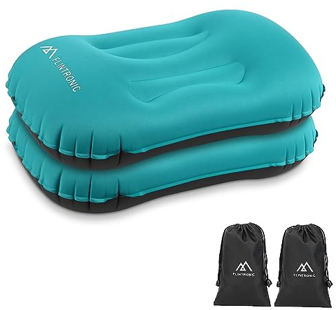 Cuscino gonfiabile da viaggio per collo e supporto lombare, confezione da 2, ultraleggero, per spiaggia e campeggio, con borse per riporre oggetti, blu