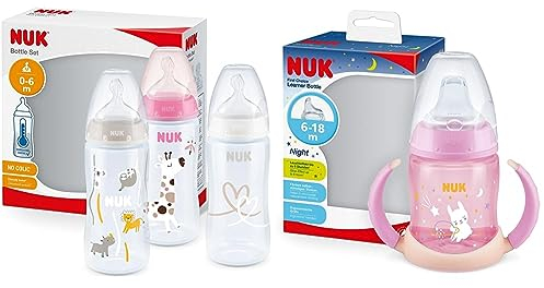 NUK First Choice+ Babyflasche im Set | 0–6 Monate | Temperature Control Anzeige & First Choice Trinklernflasche mit Leuchteffekt, 6-18 Monate, 150 ml