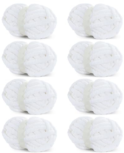 HOMBYS Chunky Chenille Yarn for Crochet and Knitting, Fluffy Super Thick Yarn for Hand Knitted Blankets, Soft Yarn, Jumbo Pack of 8 Balls, 82 ft, 227 Grams Per Ball, Pure White (Pure White)