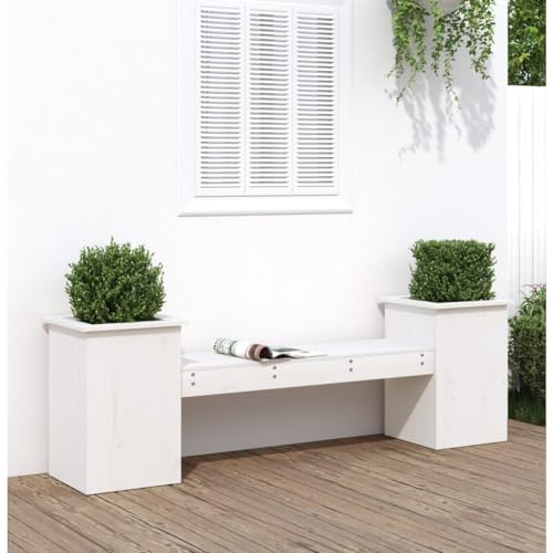 Gecheer Panchina con Fioriera,Fioriera da Esterno,Panca da Giardino con 2 Fioriere,Panchina con fioriera in Legno,Vaso per Piante e Fiori,Bianca 184,5x39,5x56,5 cm Legno Massello Pino