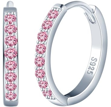 CPSLOVE Orecchini Cerchio da Donna Ragazze Eleganti Orecchini Cerchi con Zircone Rosa in Argento 925 Orecchini Creole de Diametro 1.2cm