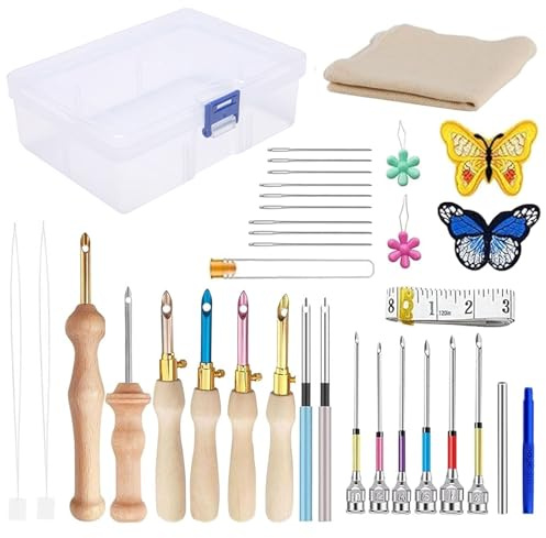 35 Pièces Punch Needle Broderie Kit D'aiguilles à Poinçonner pour Adultes Enfants, Stylo à Broder en Bois Réglable avec Enfileurs D'Aiguille, Chiffon D'aiguilles, Organisateur