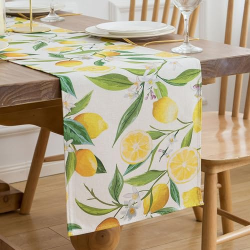 Tischläufer Modern Sommer Gelb Zitrone Pflanzen Tischdeko Polyester Bauernhaus Tischplatte für drinnen und draußen Urlaub Party Wohnzimmer Dekor 40 x 140 cm