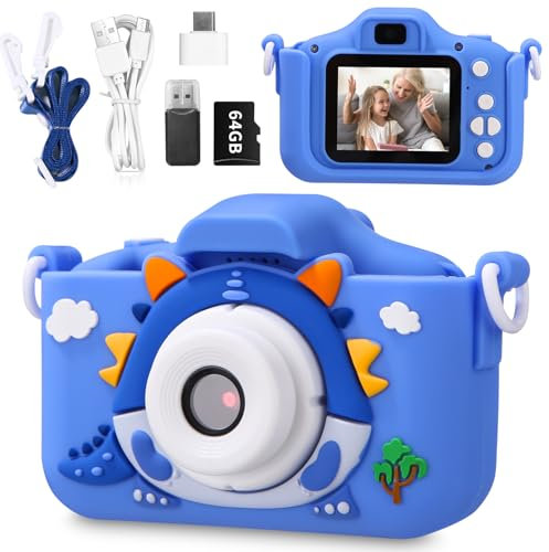 Kinderkamera,Kinder Kamera 1080P 2,0-Zoll-Bildschirm Fotoapparat mit 64GB-Karte Selfie Digitalkamera Kinder Fotokamera für 6-12 Jahre Jungen und Mädchen Weihnachten Spielzeug