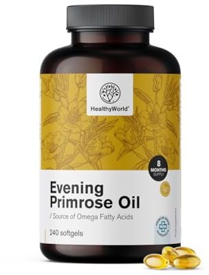 HealthyWorld Aceite de onagra 1000 mg - 240 cápsulas blandas - Fuente natural de omega-6 y omega-9 - Alto contenido en GLA - Suministro para 8 meses - Sin gluten ni lactosa