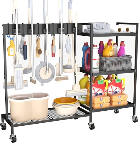 GIOTORENT Metal Cleaning Cart with Wheels - Rolling Broom Holder & Supplies Organizer, 10 Adjustable Clips, 5 Double-Hooks, 3-Tier Shelves, Brakes for Home, Commercial, Black