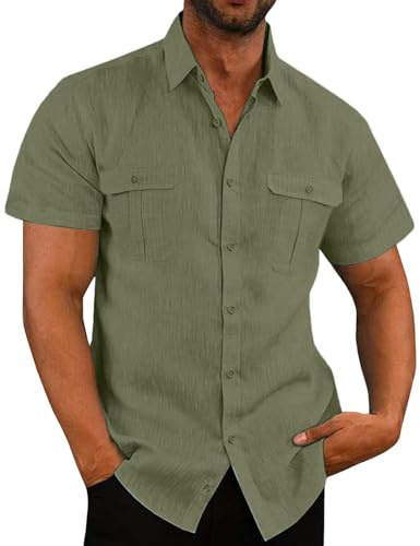 PADOLA Chemise Lin Homme Été Boutonnée Chemisette Manche Courte Unie Surchemise avec Poches Leger Chemises de Travail Coton Casual Chemisier de Plage Décontractée T Shirt Tops (2 Vert Armée, 2XL)
