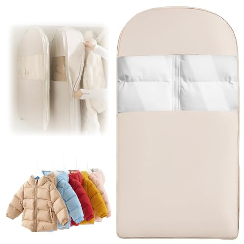 Zinueen Sacchetti sottovuoto per vestiti e copriletti, risparmio di spazio vuoto per giacche e cappotti, sacco appendiabiti con autocompressione, organizer antipolvere (90/110/130 cm, colore avena