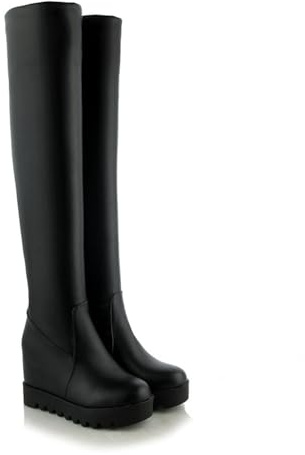 Botas de vestir con plataforma y punta redonda sobre la rodilla para mujer, a la moda, con tacón de cuña oculta, elásticas hasta el muslo para invierno, Black, 36 EU