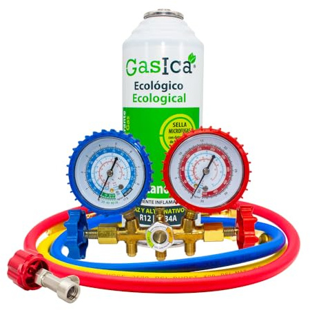 Todoelectrico Pack Bombona Gasica D2 Gas refrigerante orgánico ecológico sustituto R12 y R134a más Kit Mangueras con manómetro recarga aire acondicionado