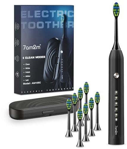 7AM2M Sonic Electric Toothbrush for Adults and Kids, with 8 Brush Heads and Travel Case,5 Modes with 2 Minutes Built in Smart Timer, One Charge Use for 90 Days, Rechargeable Toothbrushes(Black)