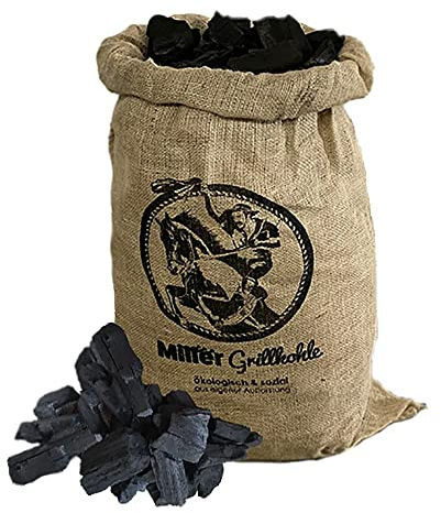 Miller Grillkohle 10kg Holzkohle für den Grill – kaum Rauch, schnelle Grillbereitschaft, Lange Glut, hohe Temperatur – nachaltige Grill-Kohle 10 kg aus Eukalyptusholz im Jutesack