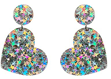 Bijoux étincelants en acrylique pendantes en forme de cœur à paillettes colorées - Cadeaux de Saint-Valentin pour femmes, filles et petites amies