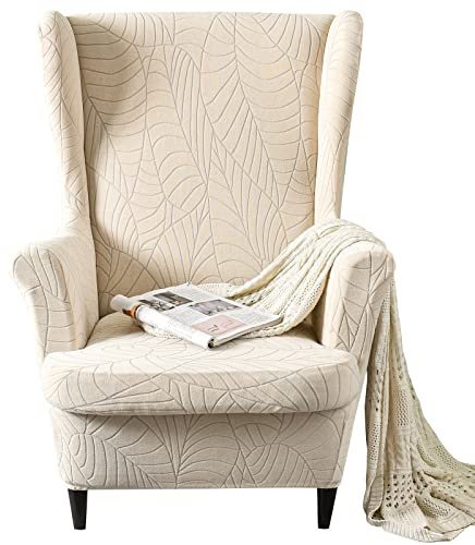 MIFXIN Wingback Chair Slipcover 2 Piece Stretch Wing Back Chair Cover with Cushion Cover Soft Washable Armchair Furniture Protector for Living Room Bedroom (Jacquard Beige)