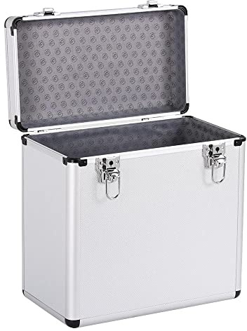 Abician Mallette de Rangement pour Disques Vinyles de 33 Tours pour Collection de DJ Valise Vinyles avec Fermeture à Clé pour 50 Albums 36 x 35 x 20 cm Argent