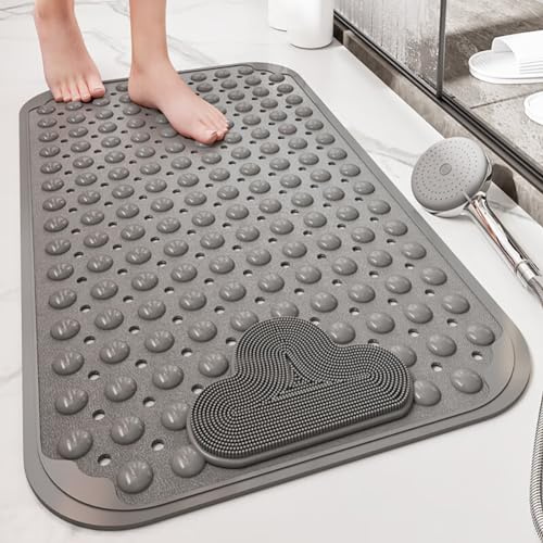 Alfombra Ducha Antideslizante 90x60cm,Alfombrilla Ducha con Ventosas,Alfombra Bañera Antideslizante con Orificios de Drenaje,para Baño,Gris