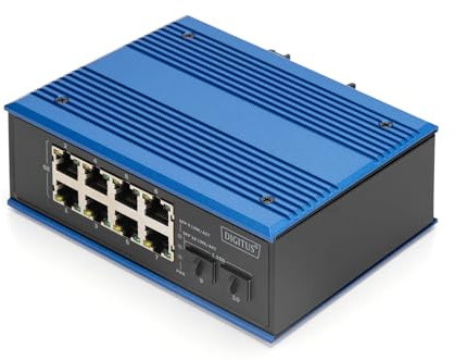 DIGITUS Network Switch - 10-port Gigabit Ethernet - 8x RJ45 + 2x SFP - IP40 - 10/100/1000 Mbit/s - DIN rail mounting - Industrial series - black/blue