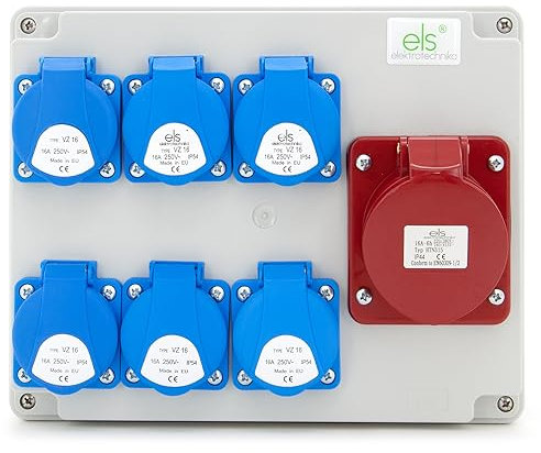 ELS Elektrotechnika Distributore di corrente da parete 6 x 230 V Schuko + 1 x CEE 16 A, distributore di presa cablato, per interni ed esterni