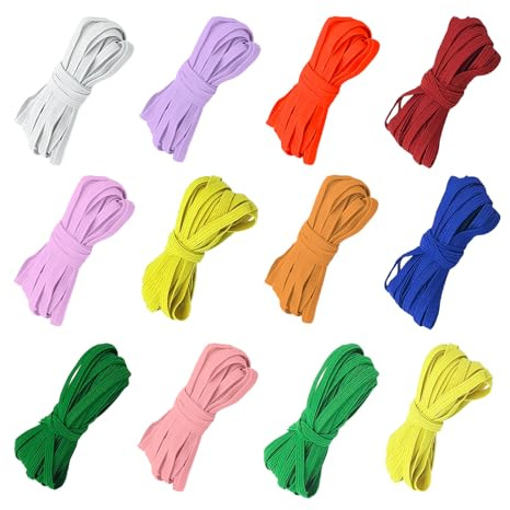 Naikafan 12 Piezas Goma Elastica Costura Colores Cinta Elastica Costura 6mm Goma Elástica Plana 12 Colores Alambre de Látex para Manualidades,Diy,Ropa,Bricolaje