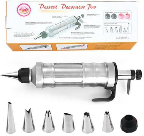 TAKUZA Siringa per guarnire, in acciaio inox, professionale, per decorare torte con 6 beccucci, con contenitore trasparente, per cupcake, pasticcini