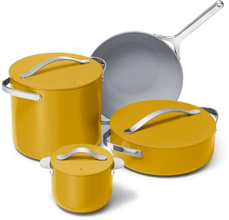 Caraway Cookware+ Collection - Specialty Cookware Set - Petite Cooker, Stir Fry Pan, Rondeau, & Stock Pot - 3 Lids & Storage Organizer Included - Marigold