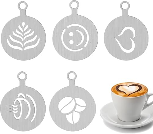 Lot de 5 pochoirs à café en acier inoxydable - Pour cappuccino, barista, cacao, décoration - Accessoire de café - Modèles d'art DIY - Café cappuccino