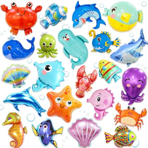 22 PCS Mini Under the Sea Balloon,Mini Ocean Animal Balloon Shark Balloons Ocean Foil Balloons for Kids Birthday Under the Sea Party Decorations