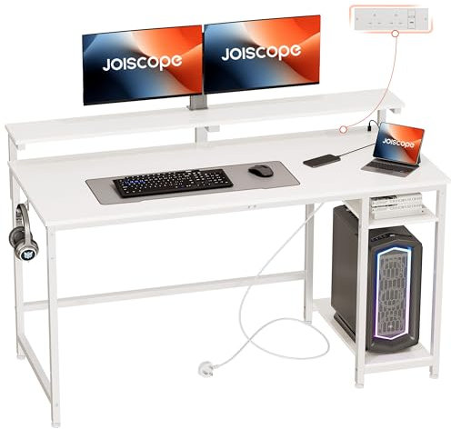 JOISCOPE Computer Desk - 140cm White Home Office Desk with Power Outlets, USB & Type-C Ports, Shelves, Tabletop PC Stand and Hooks