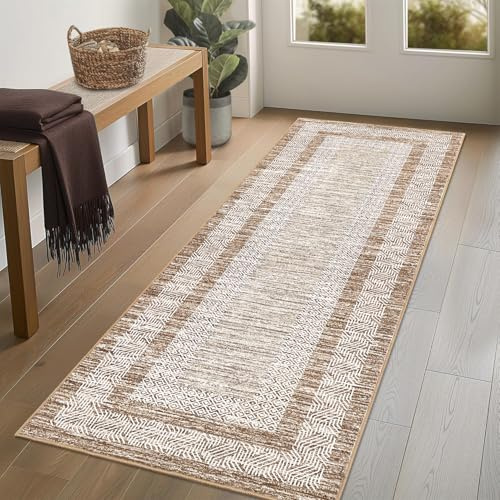 GarveeHome 2x6 Modern Bordered Runner Rug Soft Non Slip Runner Washable Non Shedding Floor Carpet, Distressed Geometric Hallway Runner, Indoor Printed Runner for Kitchen, Entrance, Brown