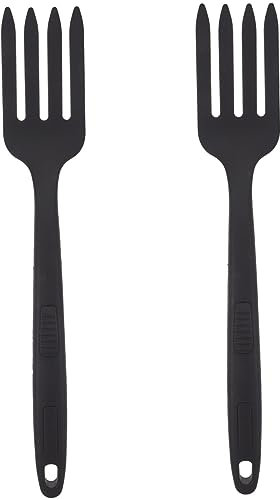 Cabilock Lot de 2 Fourchettes à Nouilles Frites en Silicone Noir Résistant la Chaleur, Grosse Fourchette Ergonomique Cuisine, Service Pâtes et Salades, Ustensiles Antiadhésifs pour Usage