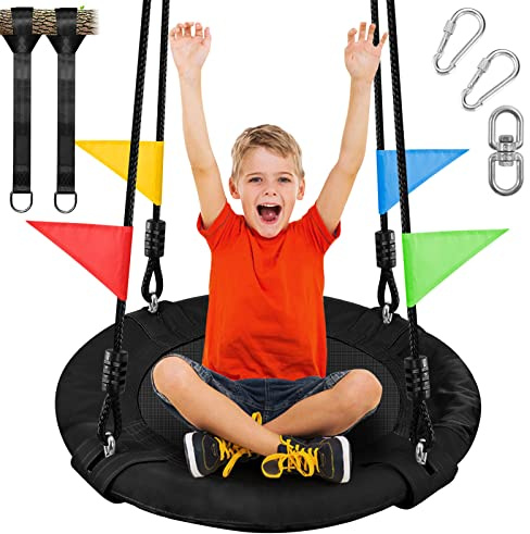Odoland 24 inch Children Tree Swing, Outdoor Small Saucer Swings Platform for Kid, Round Flying wirh Adjustable Hanging Ropes for Backyard, 220lb Weight Capacity Great for 1-2 Kids (Black)
