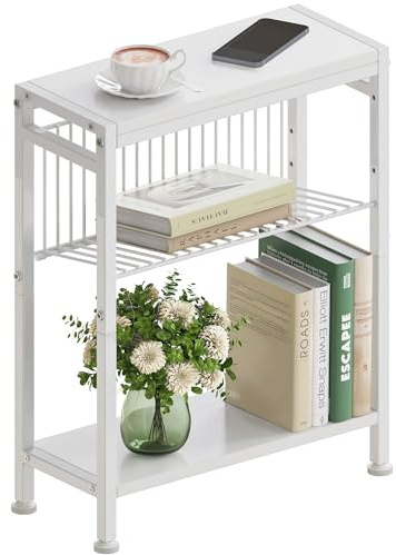 Vantimo Mesa Auxiliar Estrecha 3 Estantes,Mesita de Noche Estrecha con Soporte para Revistas, Mueble Auxiliar para Sofá Centro Pequeña para Sala de Estar Dormitorio Cocina Balcón Oficina Blanco
