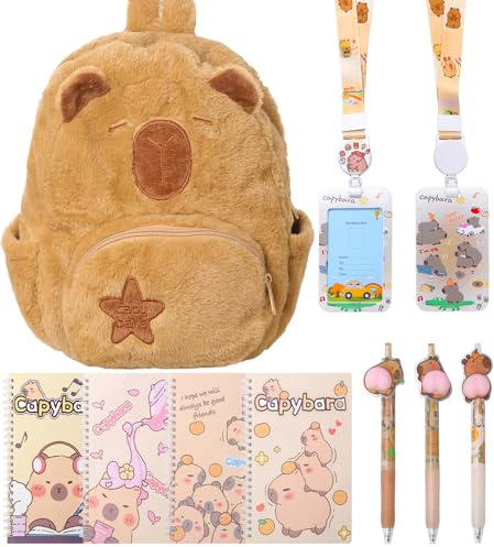HarnyLoom Capybara Cartable Fille Primaire, Sac à Dos en Peluche Kawaii Fournitures Scolaires avec Cahier Stylos Porte-Cartes Cadeaux pour Enfants