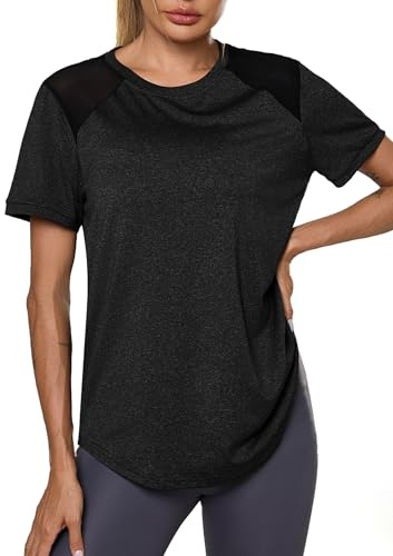 Terecey Maglietta Sportiva Donna Traspirante con Protezione UV Maglia Palestra Indietro in Rete Magliette Palestra Girocollo Maglia Trekking Asciugatura Rapida per Jogging Running Yoga Corsa Nero XL