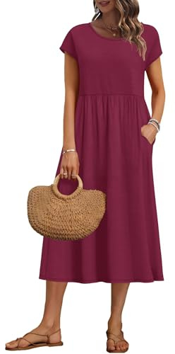 AUSELILY Vestito Estivo da Donna a Maniche Corte Abiti Casual Larghi Abito Midi con Scollo a Girocollo e Tasche