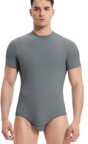 Landofgenie Body Hombre Manga Corta con Cuello Alto Elástico Body para Business Casual y Diario Camiseta Básica Elástica Gris XL