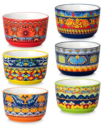 vancasso KRVI Moldes para Soufflé, 6 x 180ml Ramequines de Gres, Moldes para Tartas, Mini Cuencos para Postre, Aperitivos, Ø 8 cm, Estilo Bohemio