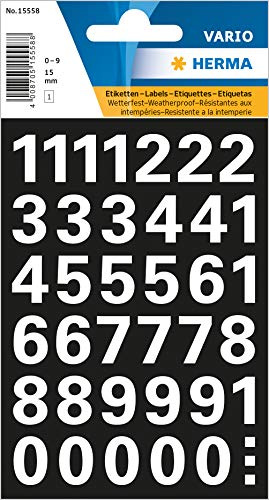 HERMA 15558 adesivi con numeri bianchi da 0 a 9, 39 pezzi, dimensioni del carattere 15 mm, autoadesivi, resistenti alle intemperie, grandi, numeri adesivi numerici, numeri civici in pellicola da