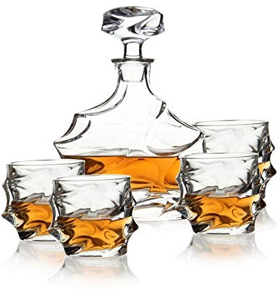5-tlg Whisky Set Karaffe 750 ml und 4 Whiskygläser 330 ml - zum Geburtstag und Vatertag - Geschenke für Männer - bleifreier Whiskey Dekanter und Tumbler - BPA-Frei
