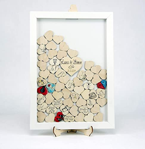 Laserano - Besonderes personalisierbares Gästebuch aus Holz 56 x 41 cm weiß lackiert + Herzen zum Beschriften z.B. für Hochzeit - Hochzeitsgästebuch mit Echtglas made in Germany