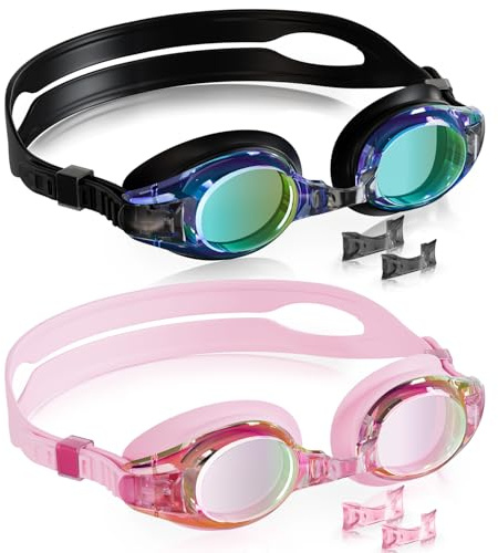 Aegend 2 Pack Kids Goggles, Swimming Goggles for Kids Age 4-16 Boys and Girls Youth, Anti-Fog Pool Goggles, Blue Black & Crisp Pink