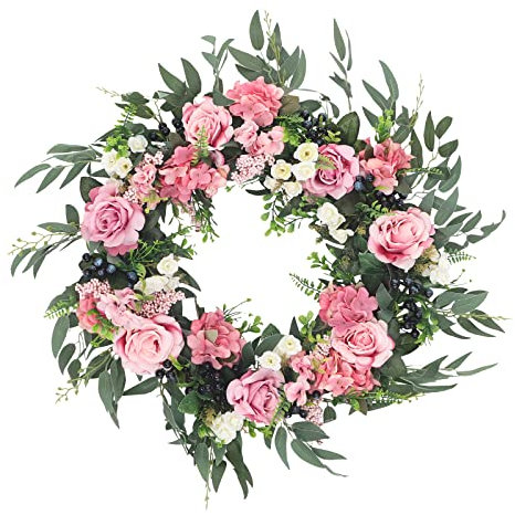 Door Wreath, Outdoor Summer Spring Wreaths, 56 cm Large Pink Rose Flower Wreath Farmhouse Artificial Flowers Wreath for Front Door Home Wall Wedding Tabletop Summer Decor (Pink)