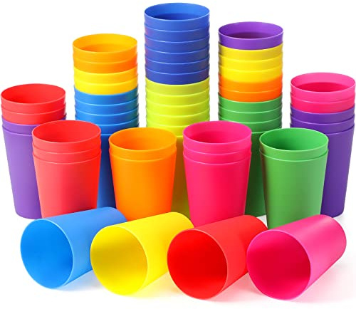 Potchen 54 Pieces Kids Plastic Cups 8.5 oz Reusable Drinking Cups Stackable Plastic Tumblers Colorful Water Glasses for Kids Toddler Baby Children Adults (Multicolor)