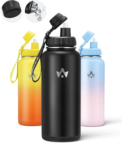 ALongSong Metal Insulated Water Bottle With Straw 1 L, Stainless Flask for Hot Drink/Cold Drink, Non-Slip Silicone Bottom,BPA Free,Leakproof for Sports