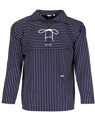 modAS Unisex Original Takelhemd mit V-Ausschnitt mit Kordelschnürung - Maritimes Fischerhemd mit Brusttasche mit Breiten Streifen in Blau Größe Damen 46 - Herren 52