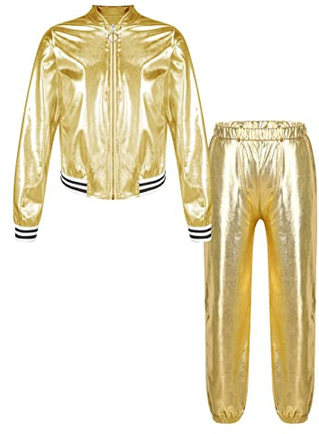 Nyeemya Conjunto de Disfraces de Hip Hop para Niña Niño metálicos brillantes Sudadera Pantalones Joggers Ropa de Baile años 90 Trajes Disfraz Dorado 13-14 años