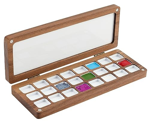 PH PandaHall Empty Watercolor Paint Palette, 24 Grids Wooden Color Mixing Tray with Lid Travel Water Color Box Durable Case for Painters Students Adult Studio Home, Camel